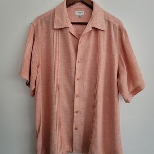 Haggar Sunset Salmon Linen Short Sleeve Button Up Shirt | Men's Size XL